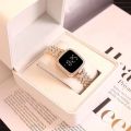 Diamond Touch Screen LED Watch for Ladies –Jewellery For Girls Style in Stainless Steel Chain Digital Wristwatch for Women's – Stylish Fashion Watch For Girls With Bracelet in Silver Stone Round & Square Dial Shape For Gift. 