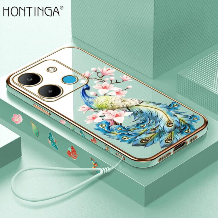 Hontinga for Infinix Smart 7 Back Cover（Free Lanyard）Luxury 6D Plating Cartoon Peacock Side Pattern Case Soft Silicone Square Mobile Cover