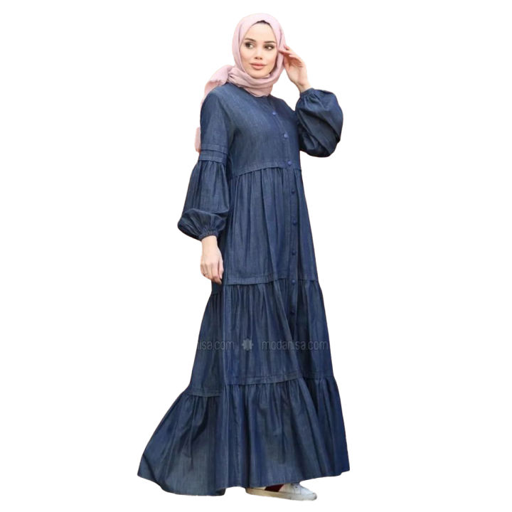 FashionSense%20%20Stay%20Cool%20and%20Fashionable%20This%20Summer%20with%20Navy%20Blue%20Unlined%20Denim%20Lyocell%20Abaya%20with%20Three%20Frill%20Style%20-%20Image%202