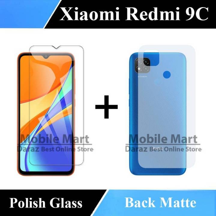 Pack of 2 -  Xiaomi Redmi 9C Tempered Glass Screen Protector 2.5D Polish Glass Guard + Back Matte Protector Anti-Slip Soft Skin Sheet Film Protection Carbon Fiber With Sides Cover For Mi 9C  - Transparent