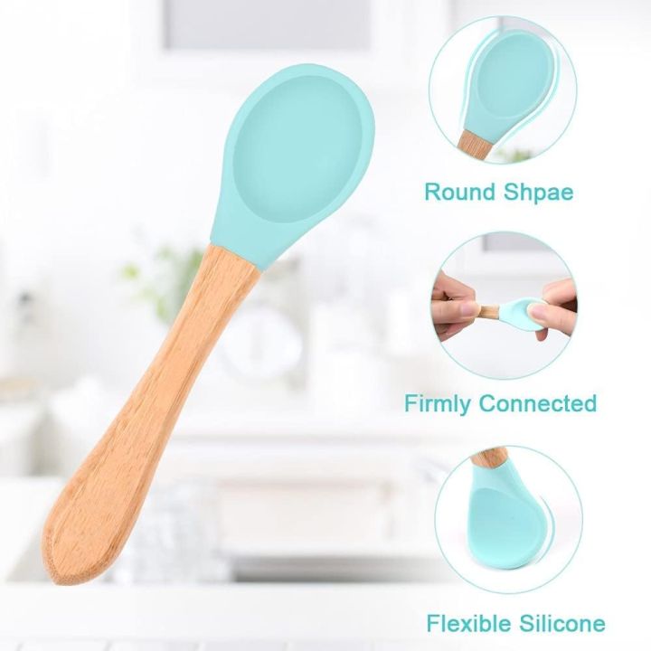 Baby & Toddler Spoon   All Natural Wooden Spoon Set w/Soft Curved Food Grade Silicone Head, Self-Feeding Utensils, BPA Free, Toddler & Child Tableware