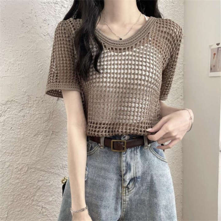 Thin hollow out sleeved knitted sweater for women 2024 new summer design sense niche loose short chic top trend