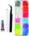 Gemzee 12 Grid Jelly Flat Back Rhinestones 2000Pcs 3mm Starter Kit with Tweezer Caryon Pencil & B-7000 5ml Glue | Nail Art Bedazzle DIY Craft. 