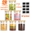 6pcs set Glass Jar with Wooden Lid Glass Jars Set,Upgrade Spice Jars with Wood Airtight Lids and Labels, 6 Piece Small Food Storage Containers for Home Kitchen, Tea, Herbs, Sugar, Salt, Coffee, Flour, Herbs, Grains… - 450 ml. 