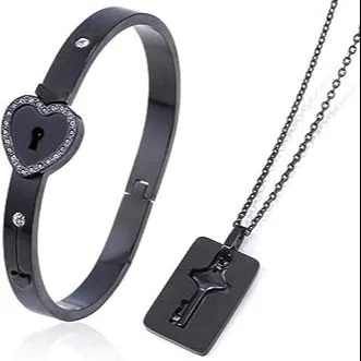 Matching Puzzle Couple Key Necklace And Heart Lock Bracelet For