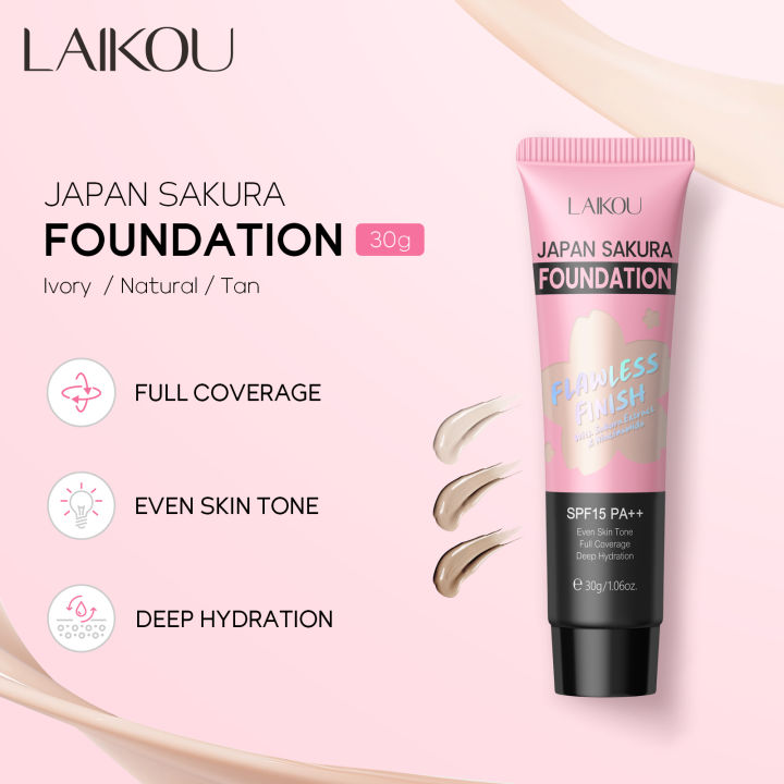 LAIKOU Japan Sakura Foundation Full Coverage Even Skin Tone With Sakura Extract Niacinamide Deep Hydration 30g