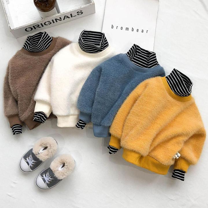 Boy's Hoody Autumn and Winter Sweater Baby Girl's Western Style Base Clothing Fleece-Lined Thickened Turtleneck Warm Two-Piece Top