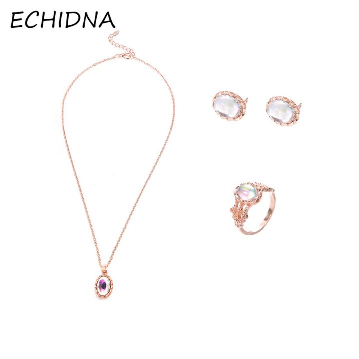 【Hot demand】Elegant Women Engagement Wedding Oval Faux Opal Necklace Ring Stud Earrings Set