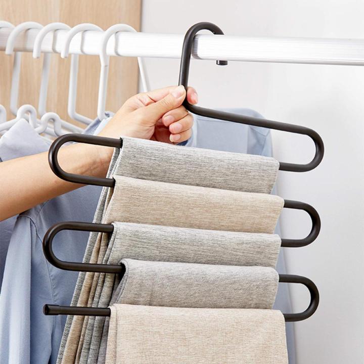 Stainless Steel Trousers Hanger - 5 Layers S Shape Multi function Pants Storage Hangers Closet Belt Holder Rack Saving Space