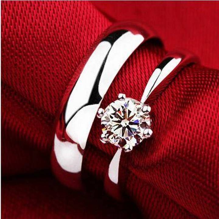 White Gold Diamante Silver Paired Ring Set