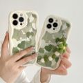 Sroof For iPhone 15 14 Plus 13 12 11 Pro XS Max X XR Korean trendy Cream Edge Fresh Green Oil Painting Love Smiling Face Painting Premium Flowers Soft Phone Case Back Cover. 