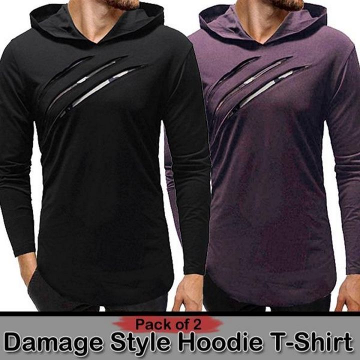 Pack Of 2 Damage Hooded Stylish T-shirt For Men