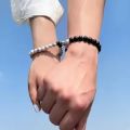 Magnetic Heart Bracelet Set for Couples with Black and White Stone Beads Adjustable 2 Pcs Set Beads Bracelets for Couple. 