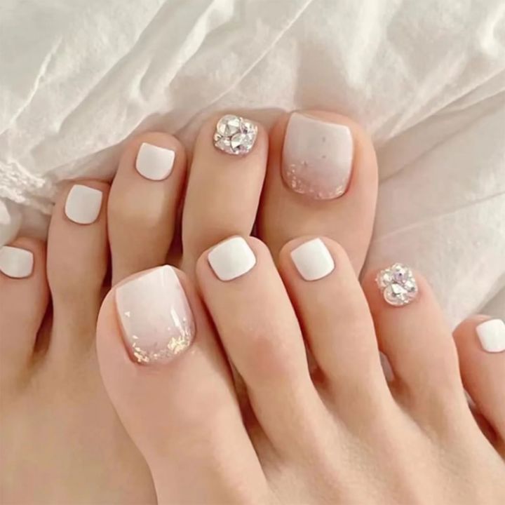 24pcs False Toenails 2023 Fashion Press On Toenails Artificial Feet Nails Women Girls Glitter Crystal Design Toe Nail Art Tool