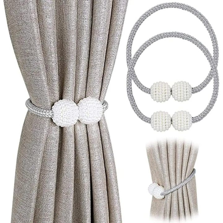 Round Pearl Polyester and strong Magnet Curtain window Tie-backs Drapery Holdbacks Binding Tie Band for Living Room Decoration, Pearl Decorative Rope Holdback Holder/buckle for office home, Classic Tiebacks Design, hold curtains drape ties backs.