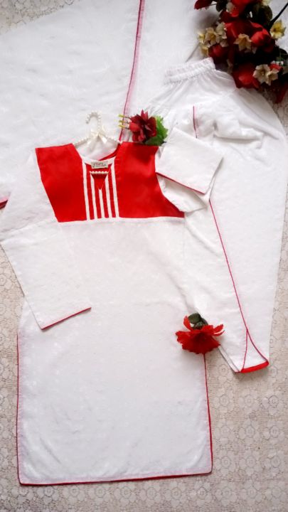 Stitched chicken kari cotton 3 pcs suit whit red samose stylish design