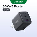 UGREEN Original 30W GaN Charger 3-Port (US/EU Plug), PD3.0 Fast Wall Charger with Cable for iPhone 16/15 Pro Max, Galaxy S24/S25 Ultra, iPad Air - Certified Safe. 