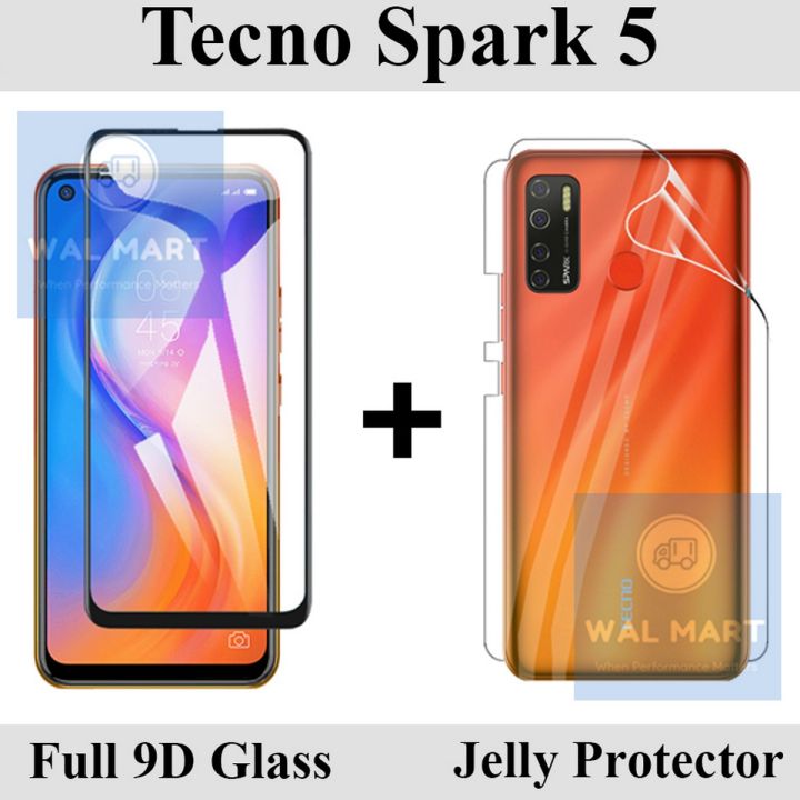 Tecno Spark 5 Full Black 9D|5D|6D|10D|11D|21D Tempered Glass Screen Protector Full Glue Edge To Edge + Back Jelly Protector Clear Soft Film Protector Hydrogel Film Protector For Tecno Spark 5