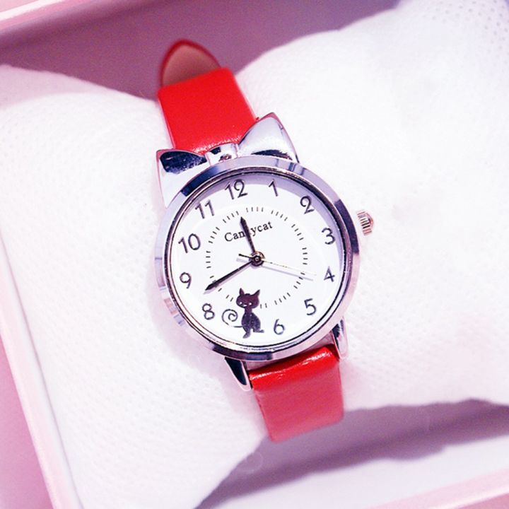 【Happy LifeStore
】You Kids Watches Students Children Pink Watch Girls Leather Child Hours Black Cat Wristwatch Girl Gift Without Boxes