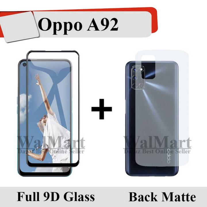Oppo A92 Full Black 9D Tempered Glass Edge to Edge Full Glue Screen Protector + Back Matte Protector Soft Skin Sheet Soft Film Protector For Oppo A92
