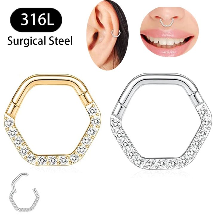 16G Piercing Nose Ring CZ 316L Surgical Steel Hexagon Septum Clicker Segment Ear Tragus Cartilage Helix Daith Earring Jewelry