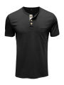 Men's Summer Henley Collar Tops, Solid Color Short-Sleeve Buttoned Decoration Slim T-shirt. 