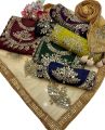 Unstitched Bridal Partywear 3-Piece Suit - Kataan Silk with Mirror Work and Golden Net Dupatta Customized. 