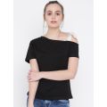 Cotton Full sleeves Black one open shoulder with satin strip t shirt for girls. 