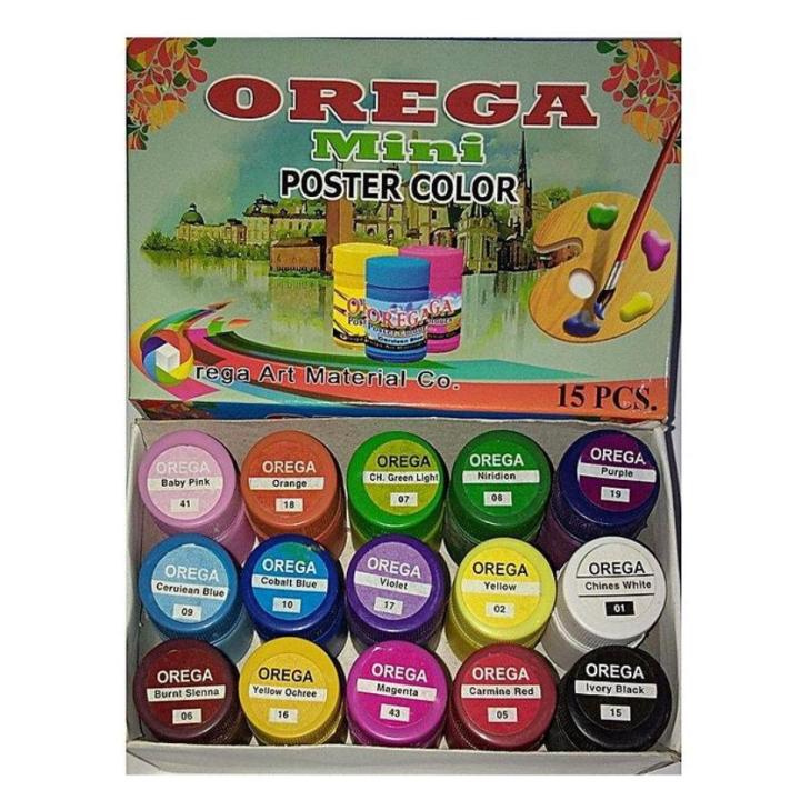 1 box of 15 Orega Poster Colours Colors - 15 different shades bottles 15cc