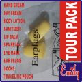EMILY 10 IN 1 TOUR PACK FOR TRAVELERS, TRAVELING KIT, IMPORTED EYE MASK, SLEEPING MASK, EAR PLUGS, SOCKS PAIR, HAND CREAM, DAY CREAM, BODY LOTION, HAND SANITIZER, LIP BALM AND SPA RELAXING TUBE IN TRAVELING POUCH. 