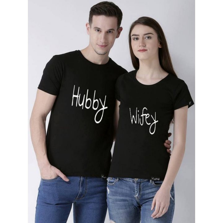 Hubby Wifey T-shirts Couple Matching Shirts Partners Tee Cotton t shirt valentines Day Gifts-pack of 2