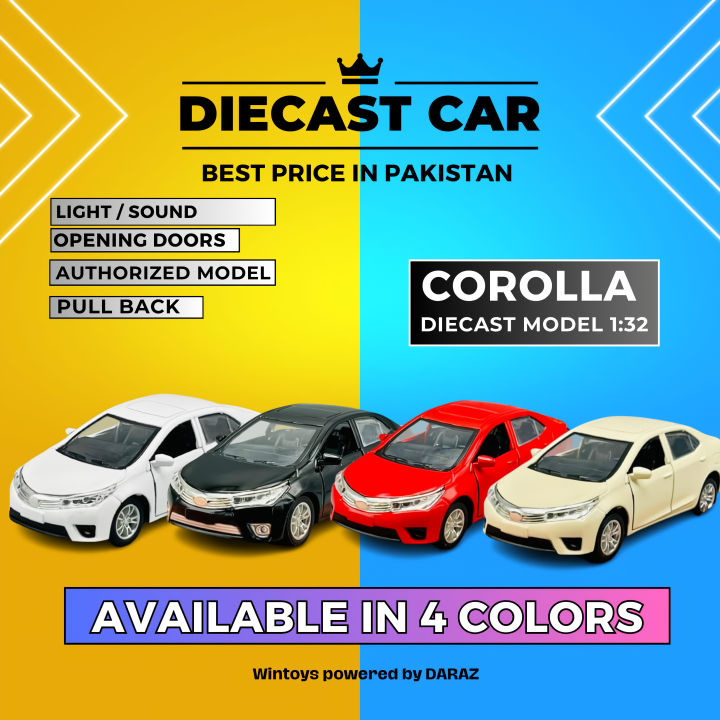Toyota Corolla Grande Die-Cast Metal Toy Car Pull Back With Alloy Children's Sports Model Car - Light & Music , Front Doors, Boot, and Hood Open - Gift For Boys