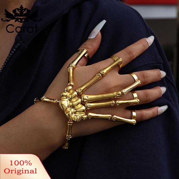 Carat Punk Skeleton Hand Bone Five-finger Ring Bracelet with Adjustable Chain Trendy Versatile Accessory for Southeast Asian Buyers