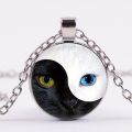 Tai Ji Yin Yang Pendant Necklace Classic Black White Chinese Sign Glass Gem Necklace Cat Paw Silver Plated. 