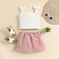 2PCS Toddler Girls Summer Clothes, Bow Strap Ribbed Knit Tank Tops + Belted Skirt Set. 