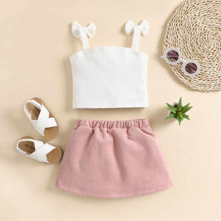 2PCS%20Toddler%20Girls%20Summer%20Clothes,%20Bow%20Strap%20Ribbed%20Knit%20Tank%20Tops%20+%20Belted%20Skirt%20Set%20-%20Image%202