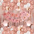 Rose Gold Balloons Set 1 Happy Birthday Banner ,25 Pcs Balloons ( 10  Rose Gold Balloons +10 White Balloons +5 Confetti Balloons + 2 Rose Gold Foil Star. 