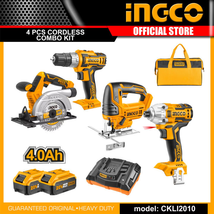 Ingco 20V Lithium-Ion Cordless 4-Pc. Combo Kit (Cordless Drill, Impact Driver, Circular Saw & Jig Saw) With 2pc battery, Charger & Bag