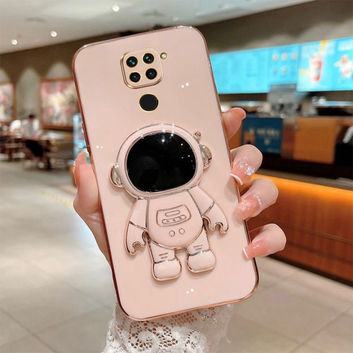 COROGI for Xiaomi Redmi Note 9 Back Cover with Astronaut Folding Bracket Luxury 6D Plating Frame Stand Cases Shiny Square Soft Silicone Phone Case