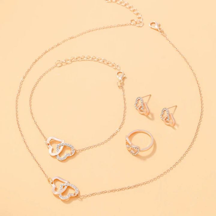 4Pcs%20Rose%20Gold%20Zircon%20Heart%20Necklace%20Earrings%20Bracelet%20Ring%20Jewelry%20Set%20For%20Girls%20Fashion%20Party%20Jewelry%20Daily%20Wear%20Zirconia%20Heart%20Jewelry%20Set%20-%20Image%204