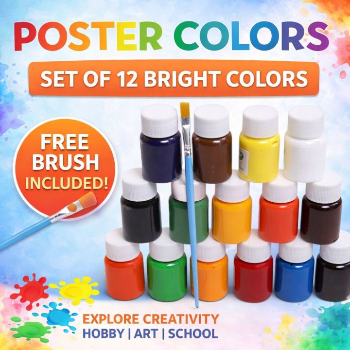 Poster Color Finger Paints set of 12 colors with free Paint Brush, eco-friendly, non-toxic washable, Drawing Paints for kids