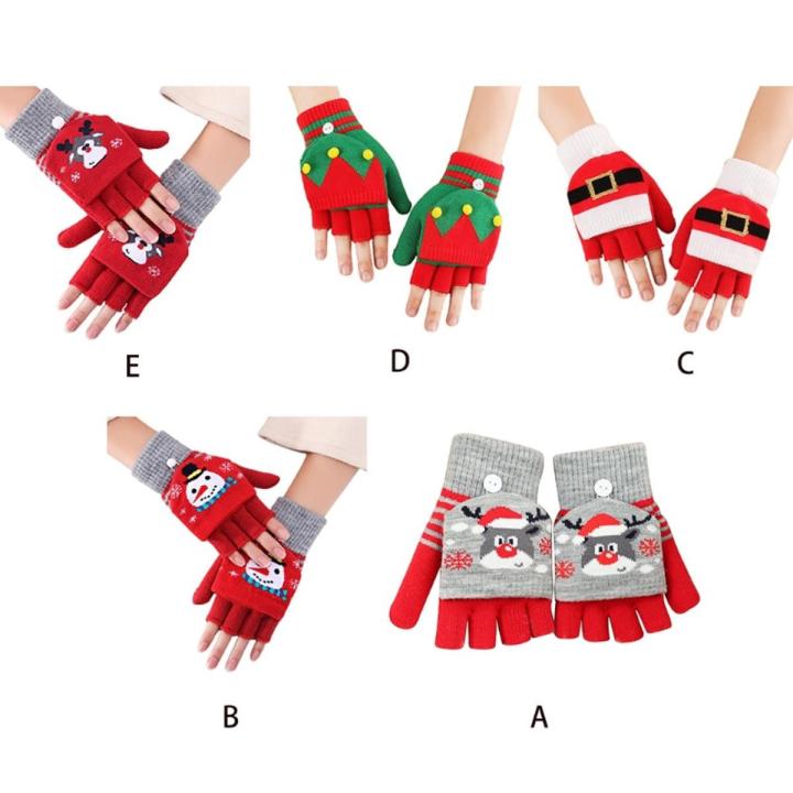 Convertible Gloves Winter Half Finger Mittens Stretchy Knit Fingerless Gloves with Mitten Cover for Kids Teens Christmas F3MD