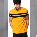 Stylish T-Shirt In Yellow Half Sleeve Round Neck Black Strap Printed Export Quality Shirt for Men. 