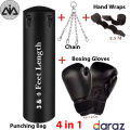 Boxing bag, (3&4 feet)-with, Boxing Gloves, Hand Wraps, Hanging Chain, Unfilled-Black color, Punching bag, For Men And Women, Comfortable with Durable Genuine Leather, AAI Store. 