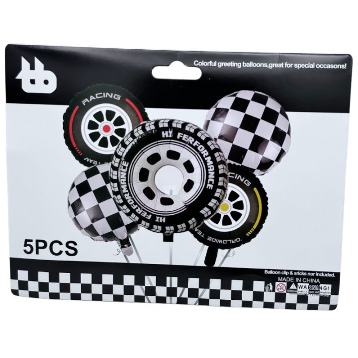 RACING CAR TYRE FOIL BALLOON SET ( PACK OF 5 FOIL BALLOONS )