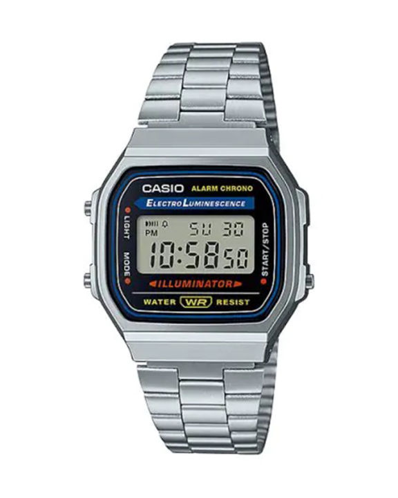 Casio General Vintage Youth Silver Tone Resin Digital Rectangle Silver Stainless Steel Bracelet Watch-A168WA-1WDF