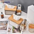 Transparent Tissue Box Wooden Cover Tissue Box Holder with Remote Control Storage for Kitchen Living Room Transparent Container Tissue Box with Round Opening. 