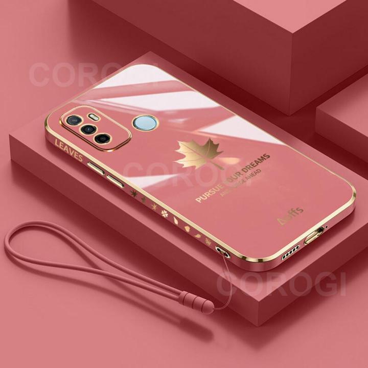 COROGI for OPPO A53 2020 / OPPO A33 2020 Back Cover with Lanyard Luxury 6D Plating Stylish Maple Leaf Shiny Phone Case Soft Silicone Square Mobile Cases for Girls Boys