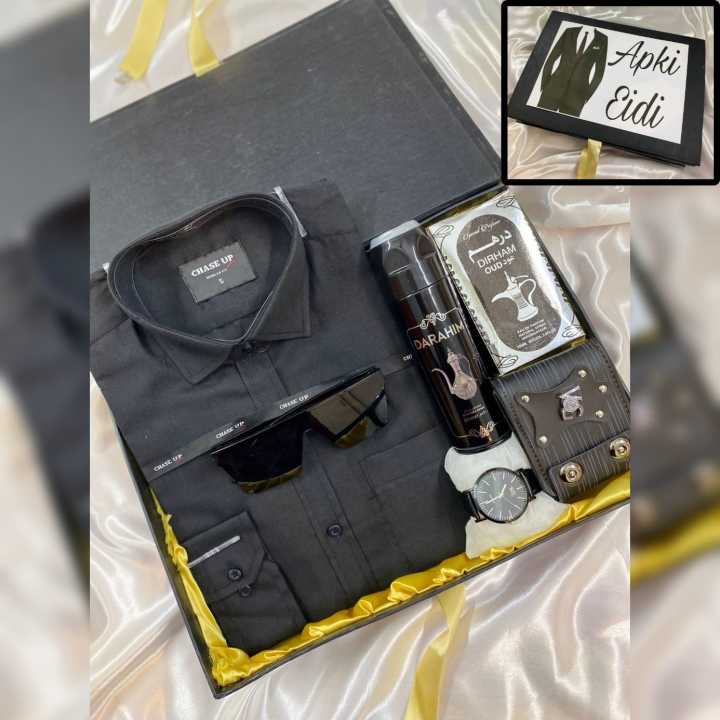 Apki Eidi gift box for men / Eid gifts for boys perfume - body spray - watch - wallet - black shirt with apki Eidi printed box gift for husband , fian