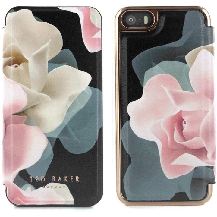 Ted Baker iPhone SE (2016) / 5S Case - Luxury Folio Case/Cover in Flower Design for Women with Built-in Interior Mirror - Porcelain Rose - Black
